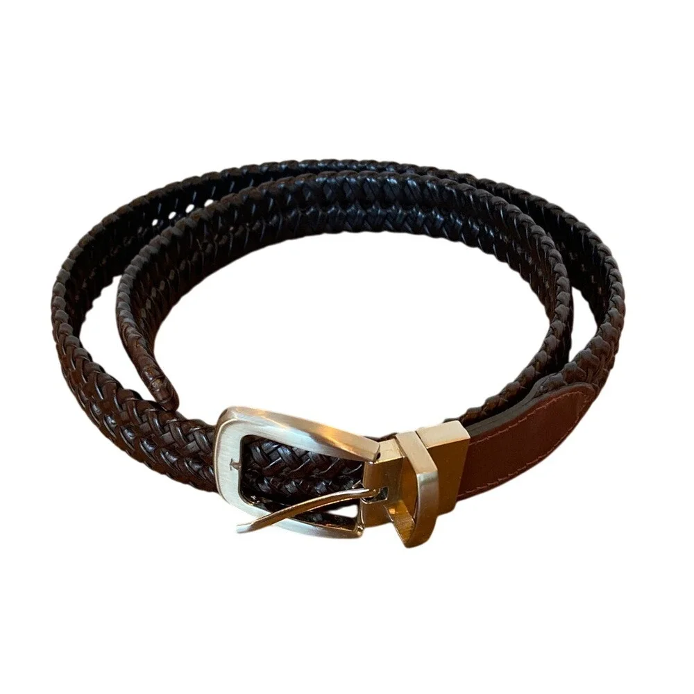 Men's Brown Braided Leather Trim Belt Size 36 Classic Basic Silver‎ Buckle